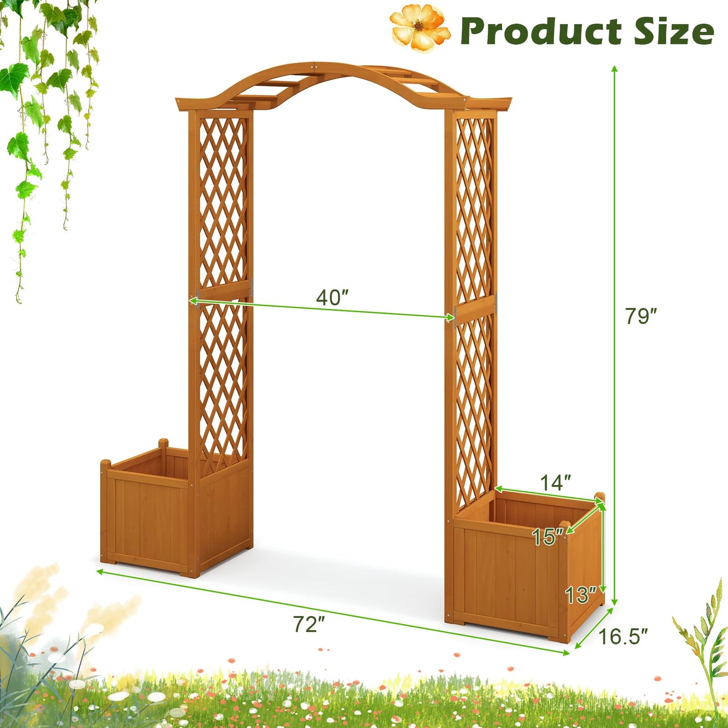 Moccha Wooden Garden Arbor with Planter, Outdoor Pergola Trellis for Climbing Plants, Rose, Vines, Garden Planter Arch for Lawn, Backyard, Wedding, Ceremony, Bridal, Party Decoration, Natural