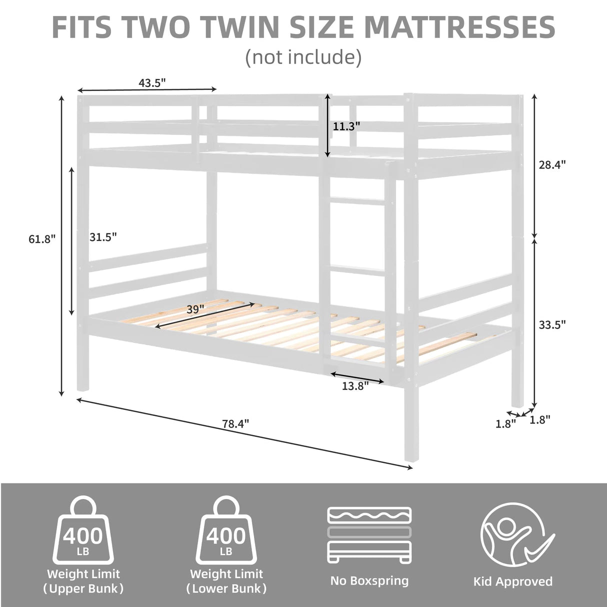 Twin Over Twin Bunk Bed with Ladder,Wooden Bunk Bed with High Guardrail and Ladder for Kids, Teens, Dorm Rooms, and Guest Rooms,No Box Spring Needed Softa