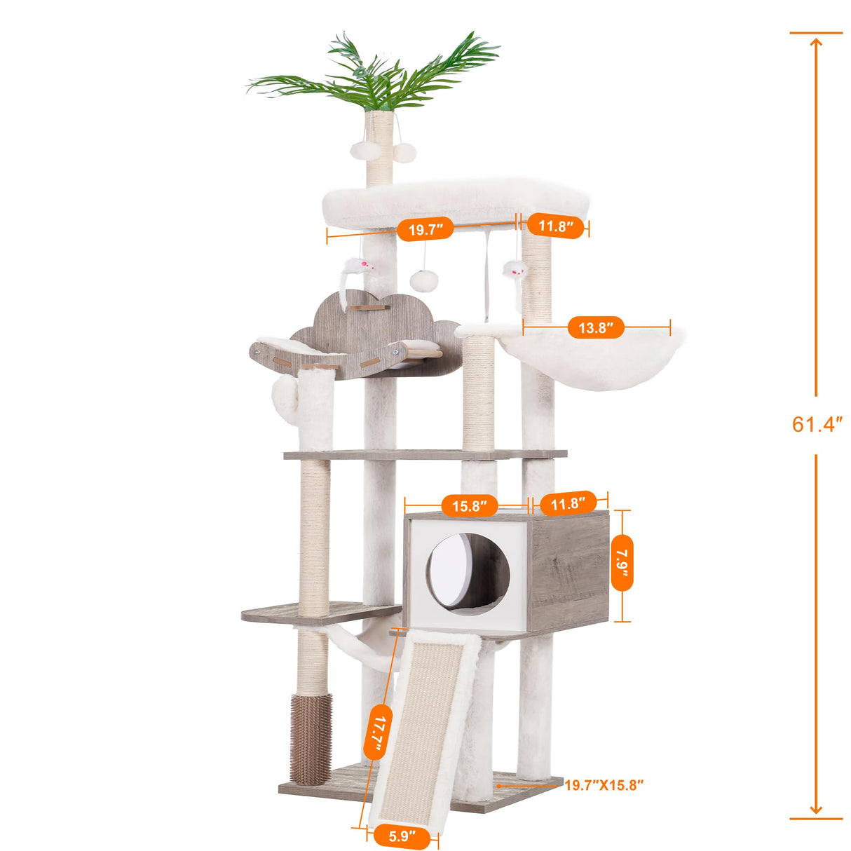 Hebly Wood Cat Tree for Indoor Cats, Cat Condo for Large Cats with Self Groomer,Modern Cat Scratching Tower with Basket,Hammock,Dangling Ball and Leaves,Rustic Gray HCT120SG Heybly