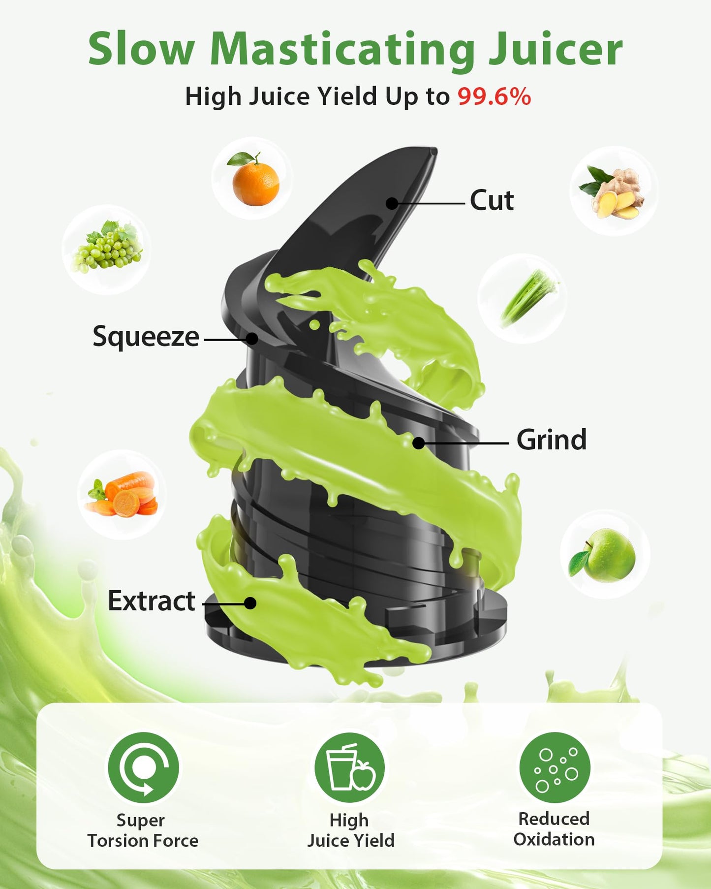 Cold Press Juicer, ECOSELF Slow Masticating Juicer with 4.35" Large Feed Chute Fit Whole Fruits & Vegetables, Self Feeding for Juice Extractor Machine, Easy to Clean and Assemble, High Juice Yield