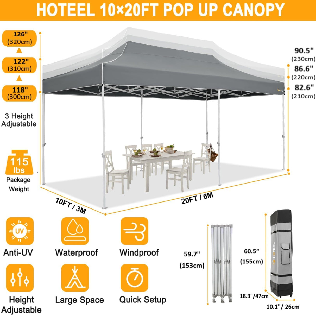 HOTEEL 10x20 Heavy Duty Pop Up Canopy Tent Outdoor Canopy Tents for Parties, Commercial Instant Waterproof Canopy Wedding Event Tent with Roller Bag, UV 50+Portable Shelter, Thick Hexagonal Legs, Grey Hoteel