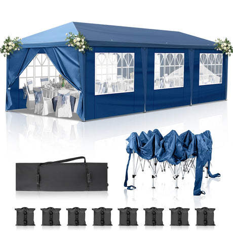 Outvita 10x30ft Ez Pop Up Canopy, Portable Instant Canopy Tent with 8 SideWalls for Outdoor Events, Party, Wedding, Birthday,Graduation Blue Outvita