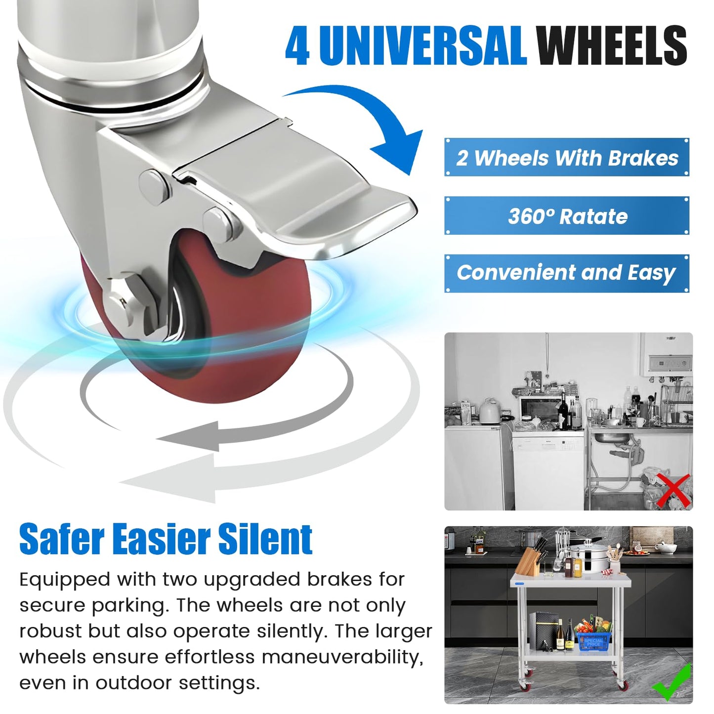 KUARBARR Stainless Steel Table for Prep & Work with 4 Caster Wheels with Adjustable Undershelf 24 x 30 NSF Metal Commercial Kitchen Worktable for Restaurant Home Outdoor - WoodArtSupply