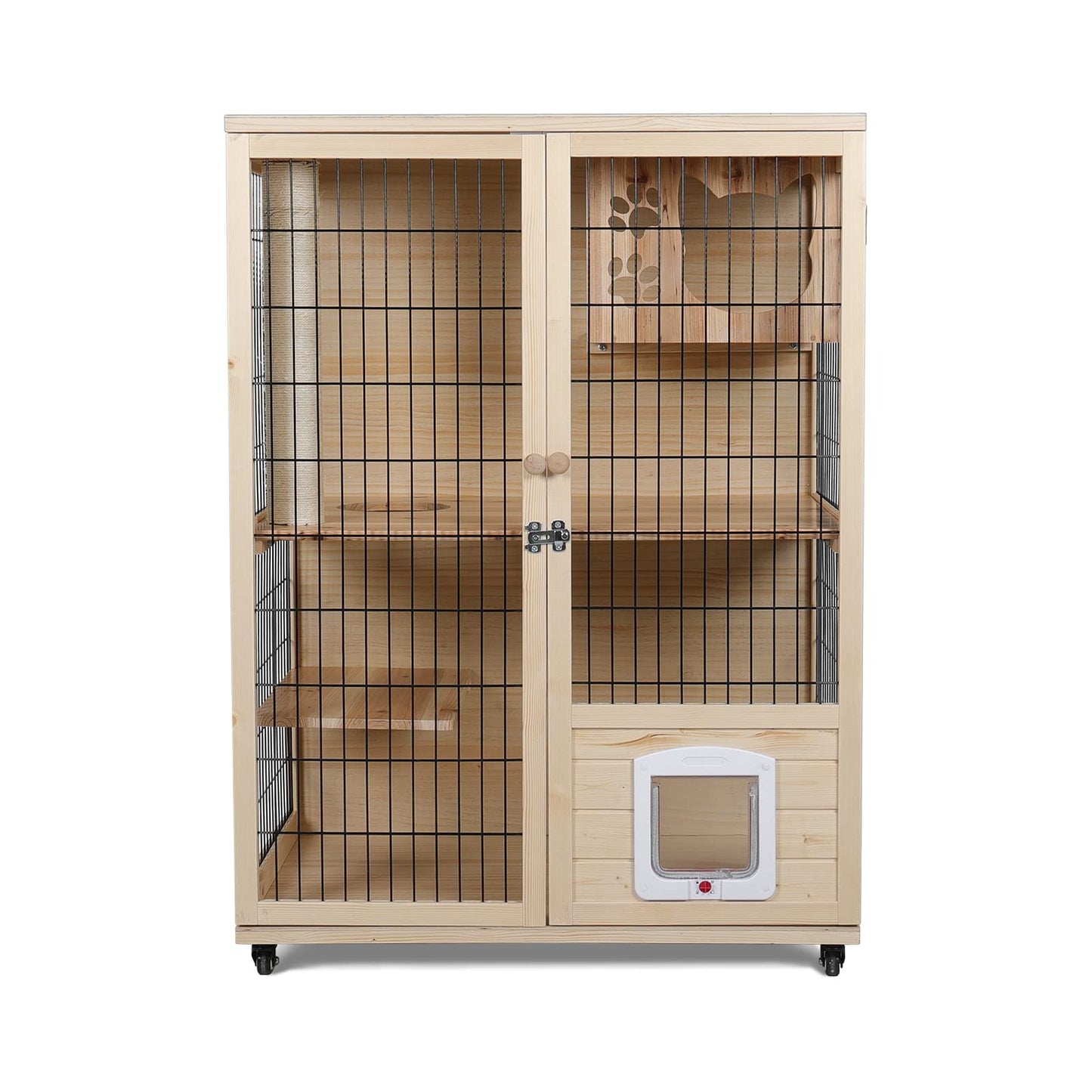 PANTAZO Wooden Cat House Large Space Cat Cage with Scratching Post and Lockable Wheels Double Layer Cat House with Escape Door Outdoor/Indoor… - WoodArtSupply