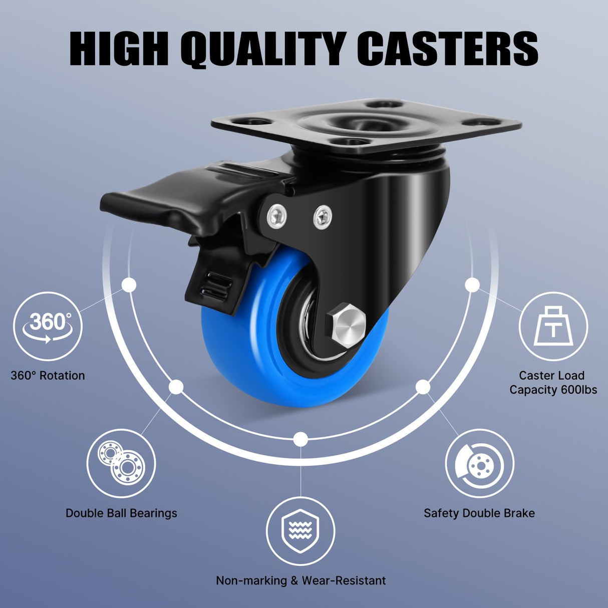 Humagineer 2 Inch Casters Wheel Set of 8, 1200 Lbs Heavy Duty Casters, Safety Swivel Casters with Brake, No Noise Top Plate Wheels for Furniture, Carts (Free Screws and 1 Screwdriver) Humagineer