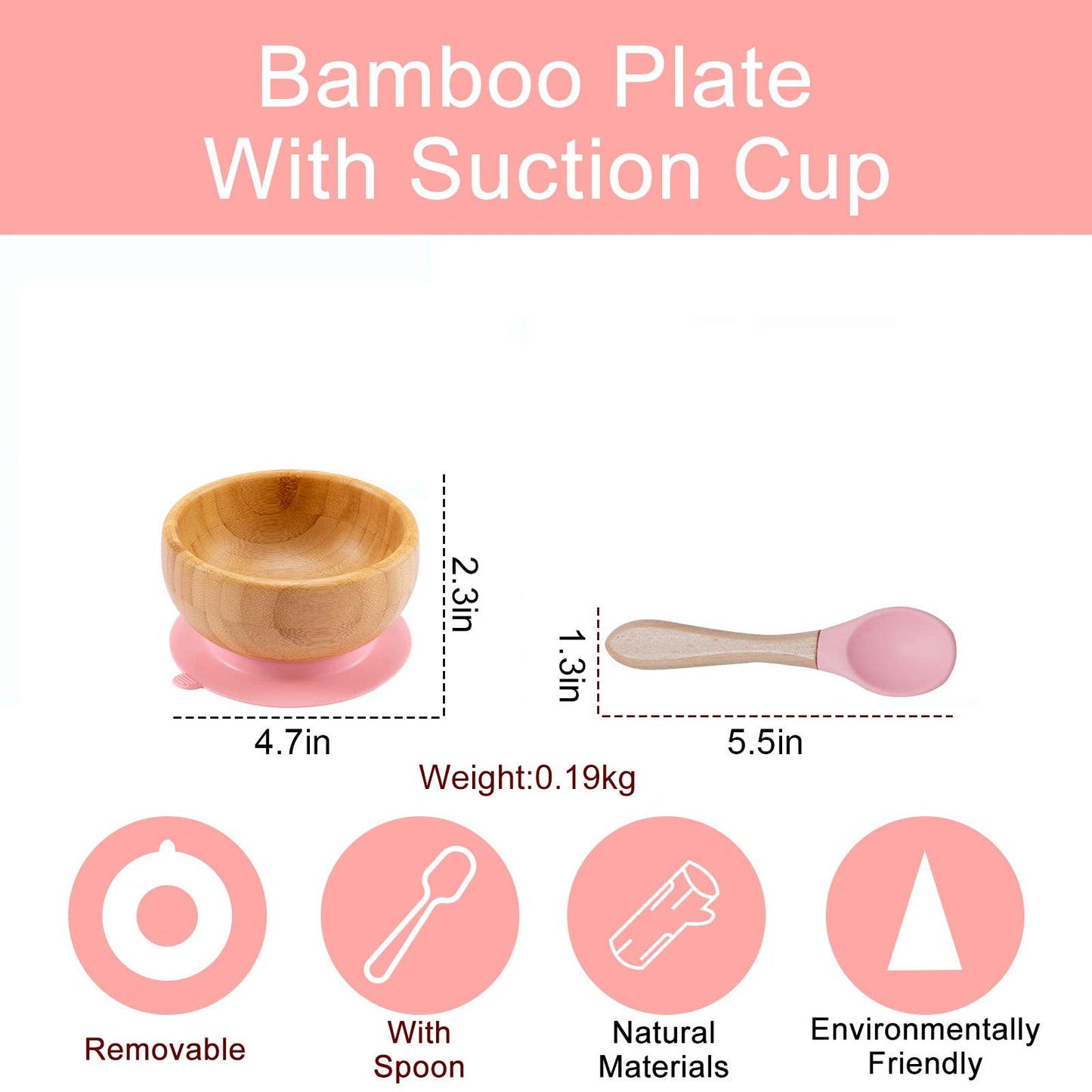 Baby Bowls and Spoons, Baby Bamboo Bowl and Spoon | Silicone Suction | Bamboo Baby Bowls for Baby | Baby Bowls First Stage | Baby Wood Bowls (Pink)