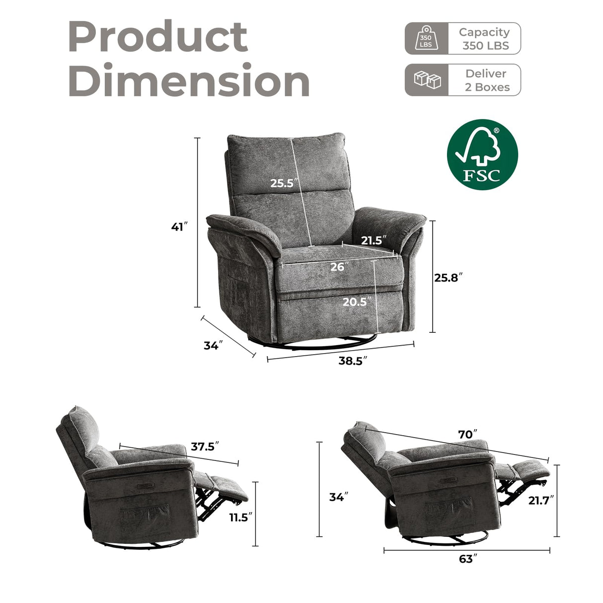 Rhevoy Oversized Power Recliner Chair Swivel Glider with Massage and Heat, Rocker Nursery Recliner for Adults with Adjustable Headrest, 26" Extra Wide Nursery Chair with Overstuffed Armrest, Dark Grey Rhevoy