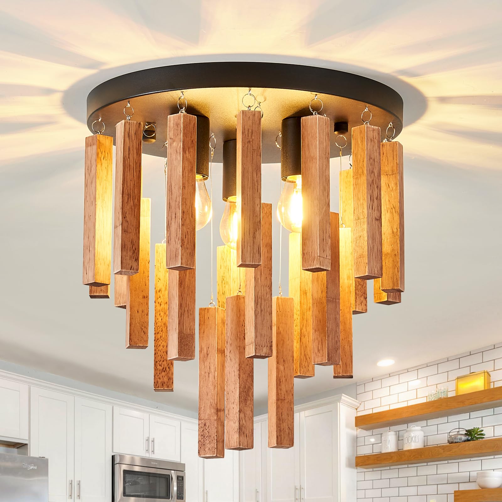 UOFUS 3-Light Rustic Flush Mount Ceiling Light Fixture Oak Boho Wood Chandelier Antique Ceiling Lamp for Farmhouse Hallway Baby's Nursery Bedroom Kitchen Living Room - WoodArtSupply