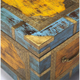 MAKLAINE 32" x 17" Traditional Wood Painted Brass Inlay Storage Trunk/Coffee Table with Hidden Storage, Brass Inlays & Hardware, Handcrafted, Handpainted, No Assembly Required, in Multi-Color Finish MAKLAINE
