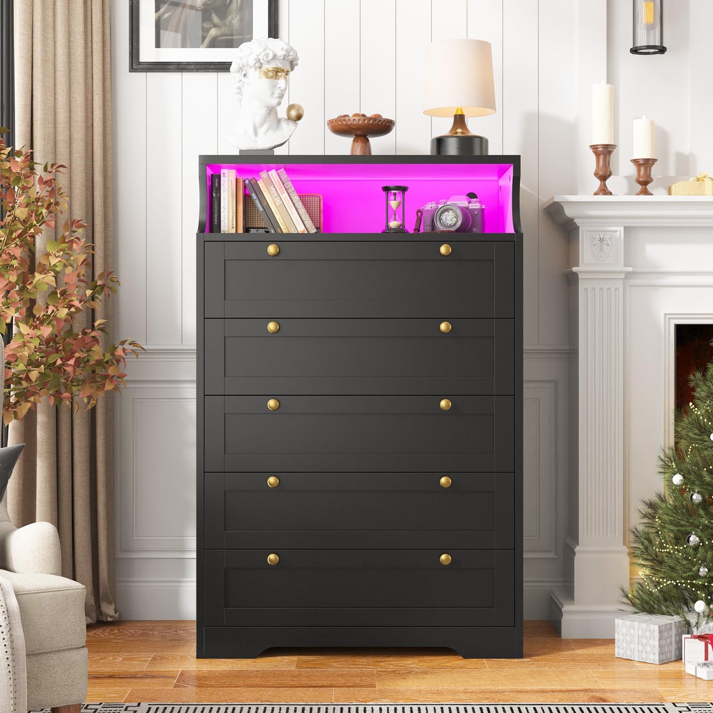 EnHomee Dresser, Black Dresser with LED, Bedroom Dressers & Chests of Drawers, Tall Dresser with 5 Wood Drawers, Black Dresser for Bedroom, 5 Drawer Dresser, Tall Dressers for Bedroom