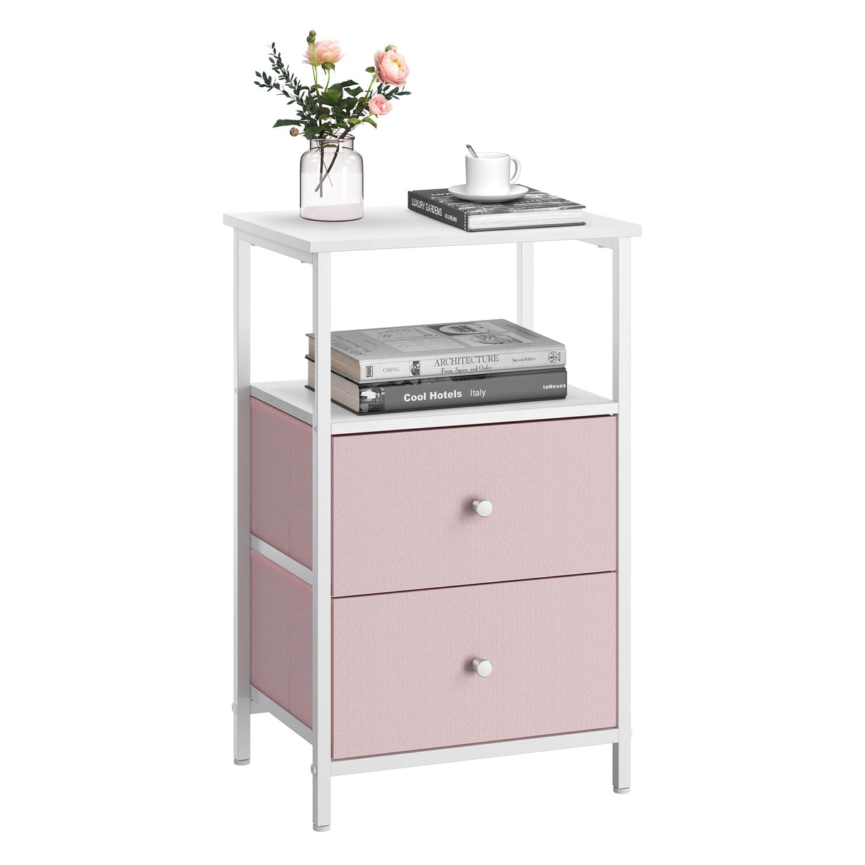 VASAGLE Nightstand, Side Table with 2 Fabric Drawers, 24-Inch Tall End Table with Storage Shelf, Bedroom, Jelly Pink and White ULGS025R05 VASAGLE