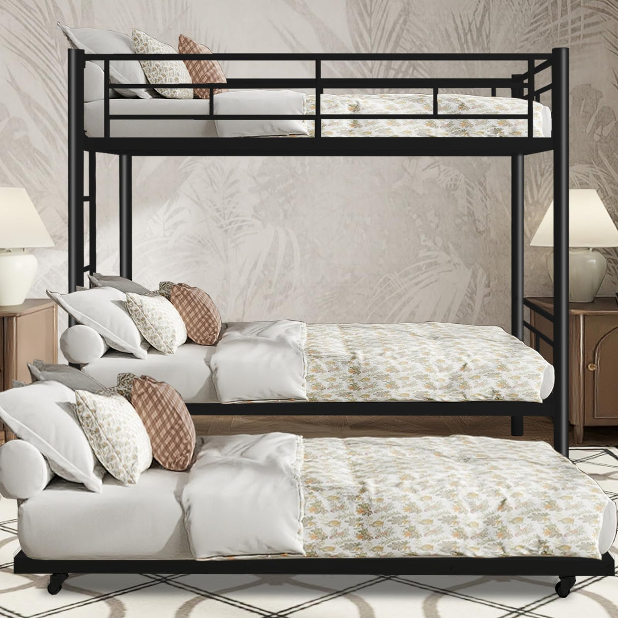 Twin Over Twin Bunk Bed with Trundle, Metal Bunk Beds with 2 Ladder and Guardrails, Convertible Triple Bunk Bed for Kids, Teens and Adults, No Box Spring Needed, Space Saving (Black) AYJOIR