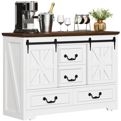 YITAHOME Farmhouse Coffee Bar Cabinet, 47.2" Buffet Cabinet with Storage, Sideboard Cabinet with Sliding Barn Doors & 4 Drawers, Kitchen Cabinet for Living Room, White