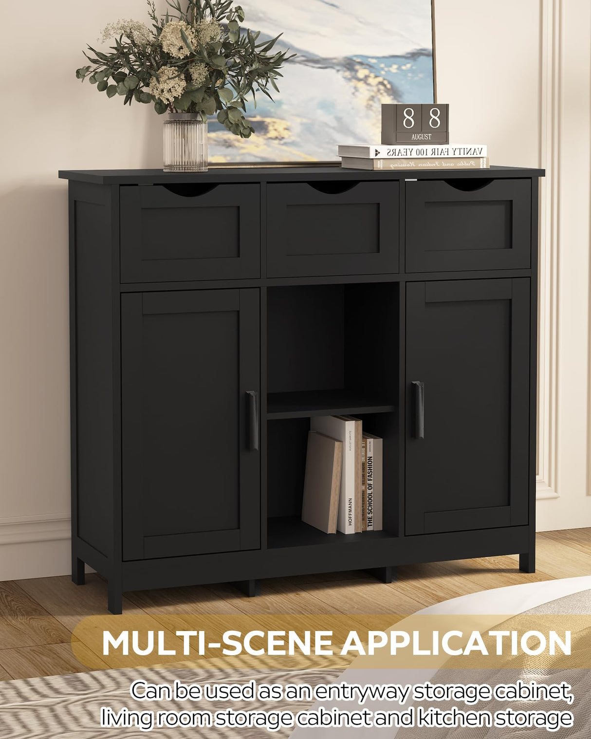 MIRROTOWEL Storage Cabinets，Wooden Floor Cabinet，with Drawers and Shelves Storage Cabinets，Accent Cabinet for Living Room， Bedroom，Bathroom Furniture Home Decor（Black） MIRROTOWEL