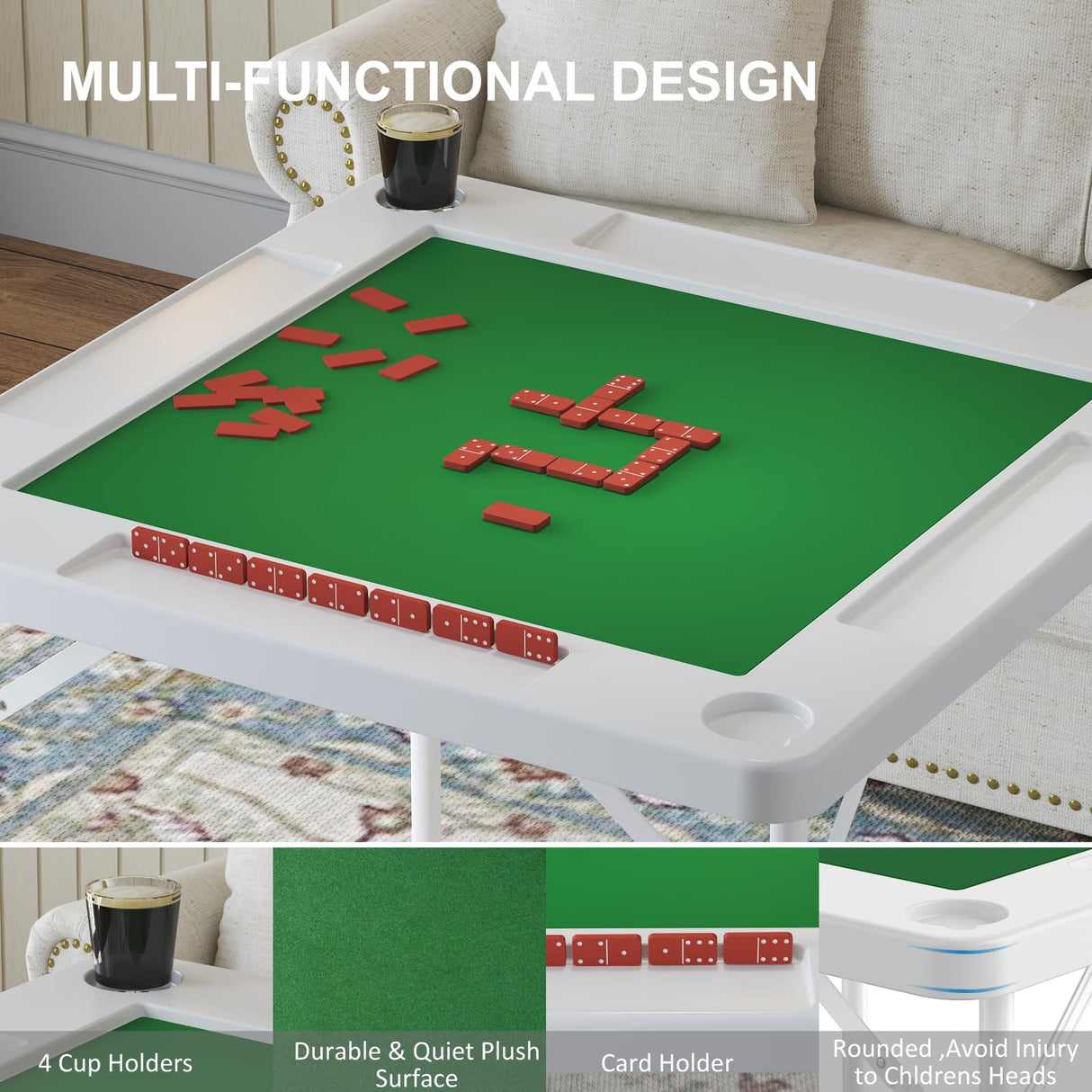 IWDOO 35.4" Square Folding Card Table, Mahjong Table with Green Felt，Chip Trays and Cup Holders, Portable Domino Tables for 4 Players, Card Game Tables for Mahjong Poker Domino Game IWDOO