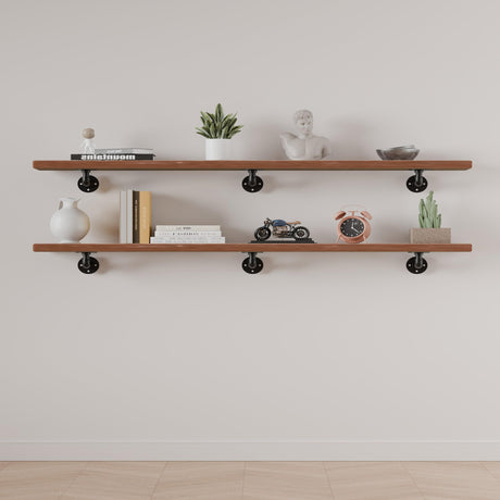 Industrial Pipe Shelving Shelf, Wall Shelves Wood Shelf:Kitchen Shelves, 60 Inches Wood Long Floating Shelves for Wall Farmhouse Pipe Book Shelves Dark Brown for Decor and Bar Shelving IEO