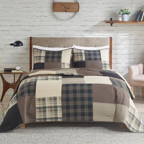 Woolrich Winter Hills Reversible Quilt Set - Cottage Styling Reversed to Solid Color, All Season Lightweight Coverlet, Cozy Bedding Layer, Matching Shams, Oversized Full/Queen, Plaid Tan 3 Piece Woolrich John Rich & Bros.