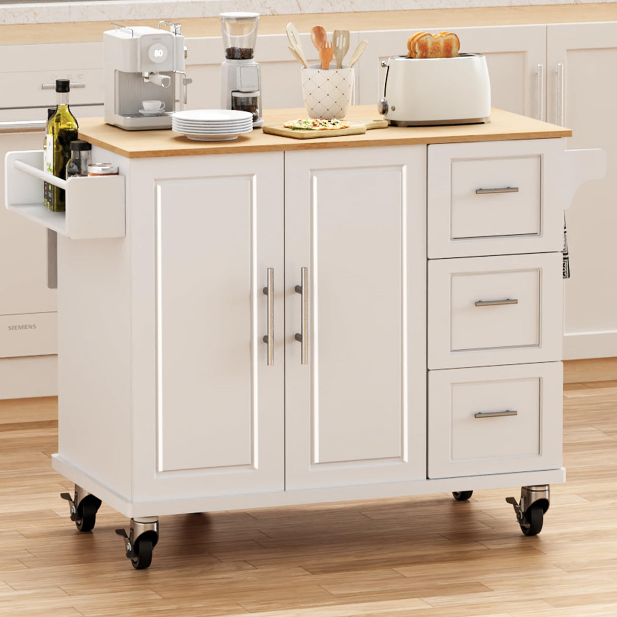 HiDSLiving Kitchen Island 54" Large Rolling Kitchen Island Cart On Wheels with Drop Leaf 3 Drawers 1 Cabinet,Spice Towl Rack Mobile Kitchen Table with Storage, White HiDSLiving