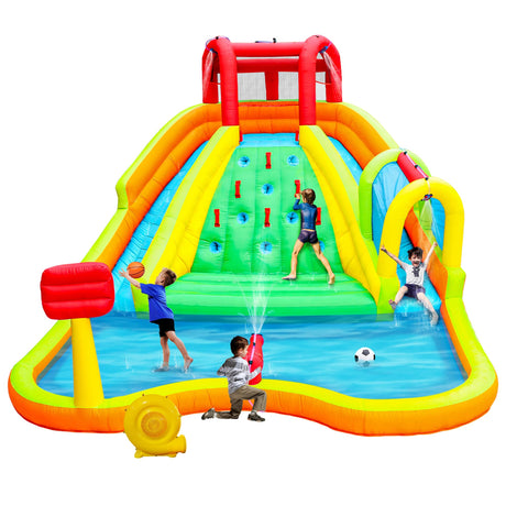 WELLFUNTIME Inflatable Water Double Slides Park, Bounce House with Arched Water Gun Spray, Jumping Castle with Air Blower WELLFUNTIME