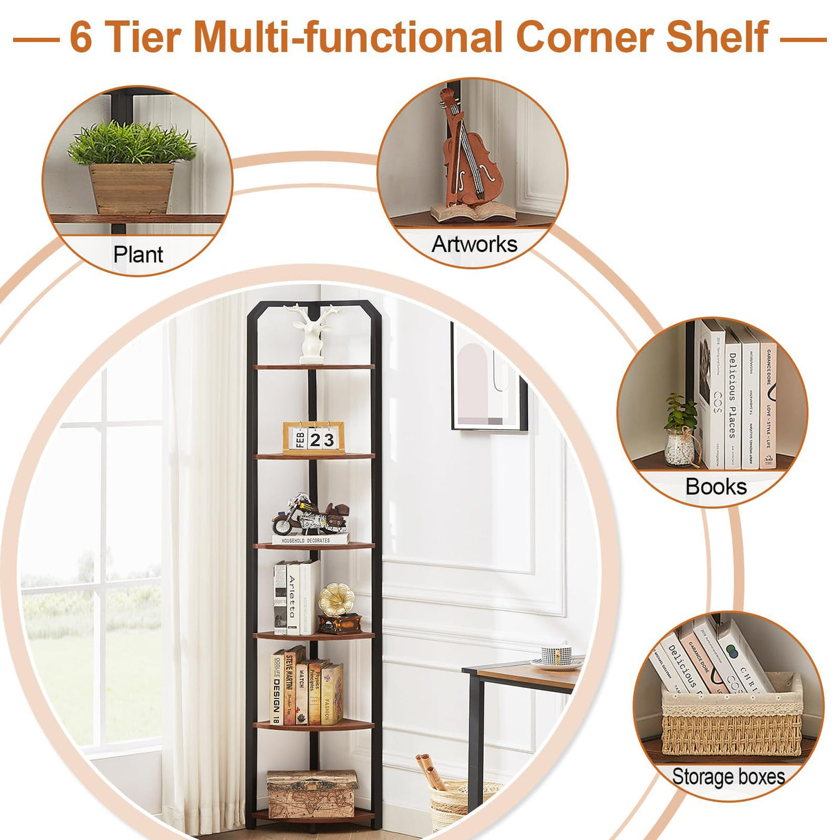 MNEETRUNG 71" Corner Shelf,6 Tier Industrial Corner Bookshelf, Freestanding Shelf Stand for Small Space,Home Office,Living Room,Bedroom,Brown MNEETRUNG