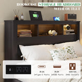 Albott King Size Farmhouse Bed Frame with Storage Bookcase Headboard and Footboard, Storage Wood Platform Bed Frame with Wood Slats Support, Noiseless LED Bed Frame, No Box Spring Needed, Black Albott