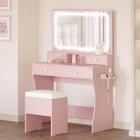 LIKIMIO Makeup Vanity Desk with Mirror and Lights, Pink Makeup Vanity Table Set with Stool Drawers, Power Socket, Dressing Table with 3 Lighting Colors, Vanities for Bedrooms LIKIMIO