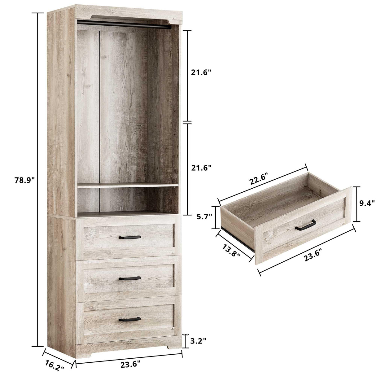 IRONCK Freestanding Closet System with 3 Wood Drawers, Modern Armoire Wardrobe with Adjustable Shelves & Hanging Rod, Walk-in Closet Systems Organizer, Rustic Maple IRONCK