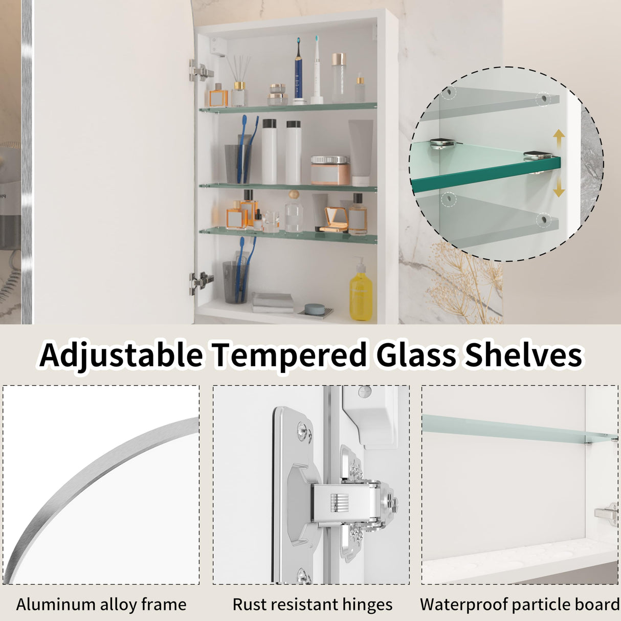 FUNFOLLOW Silver Medicine Cabinet with Mirror,Bathroom Arched Medicine Cabinet Wall Mounted, Modern Vanity Mirror with Storage,Bathroom Storage Cabinet with Adjustable Shelves,Not Recessed,24x36 Inch FUNFOLLOW