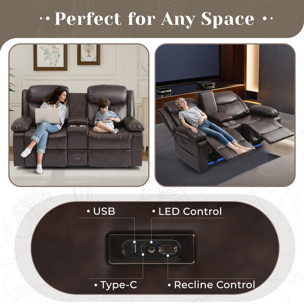 PALLOME Power Reclining Loveseat Sofa for Home Theater, RV Recliner Couch with USB Type-C, Console, LED Lights (Brown) PALLOME