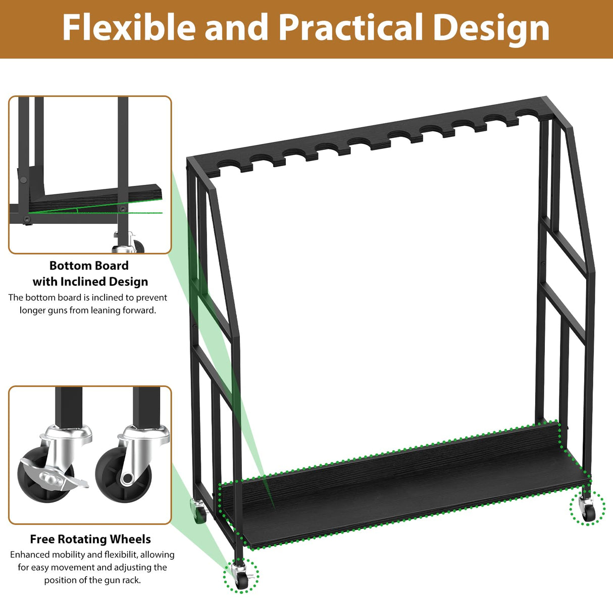 Gun Rack, Freestanding Floor Gun Stand with Metal Frame and Wheels, Wooden Adjustable Shotgun Rack Holds up to 10 Long Guns, Rifle Display Stand Storage Holder Indoor for Home Garage, Black HEOMU