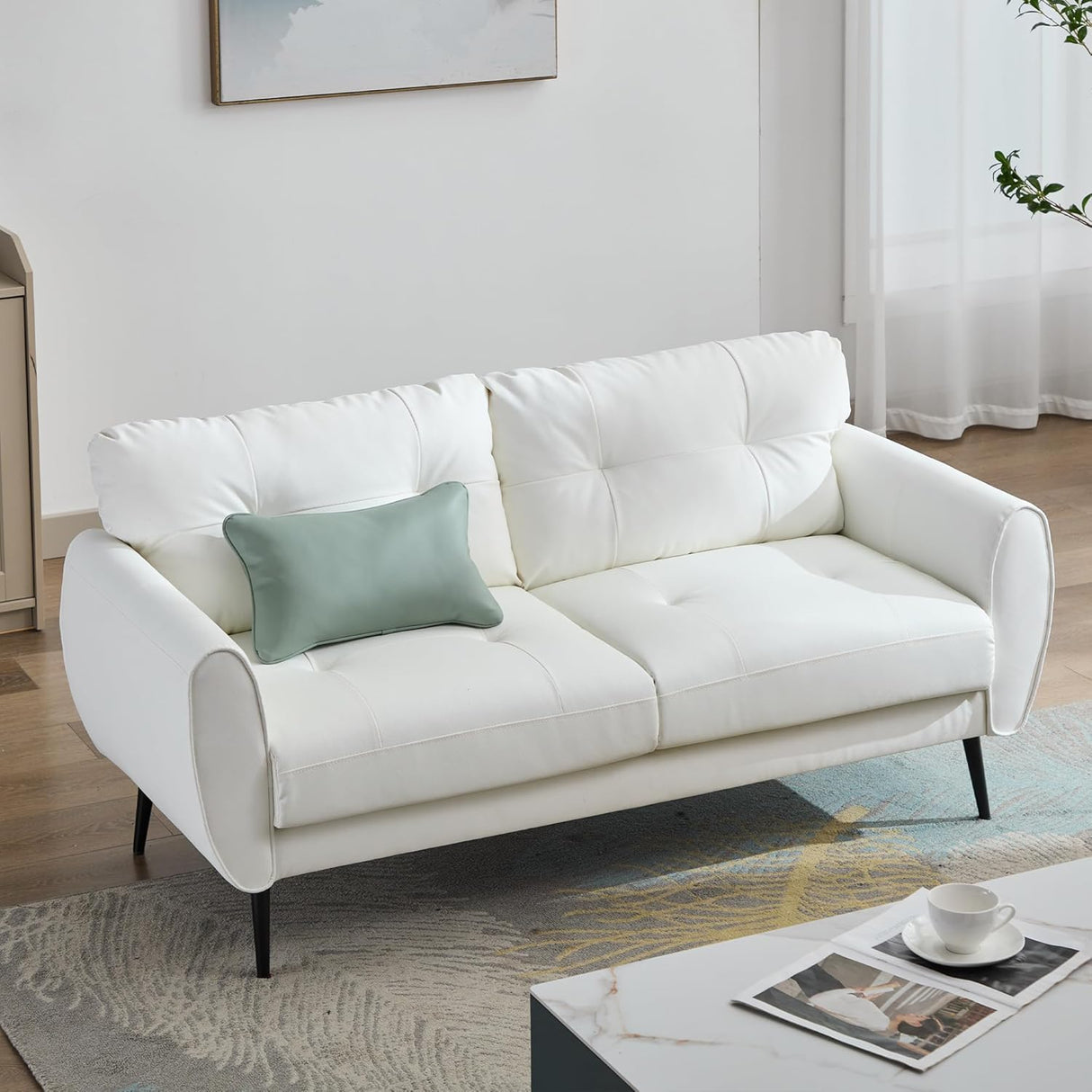 TYBOATLE Sofa Couch 61" Loveseat Couches for Living Room, White Faux Leather Couch Mid Century Modern Tufted Mini Sofa Comfy Office 2 Seat Settee Love Seat Small Couches for Small Spaces Bedroom TYBOATLE
