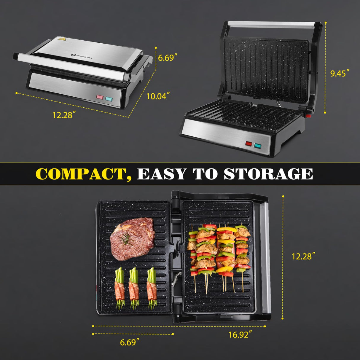 Aigostar Panini Press, 1200W Sandwich Maker and Electric Indoor Grill with Ceramic Non-Stick Coated Plates, Opens 180°to Fit Any Size of Food, Stainless Steel Surface & Removable Drip Tray, Silver Aigostar