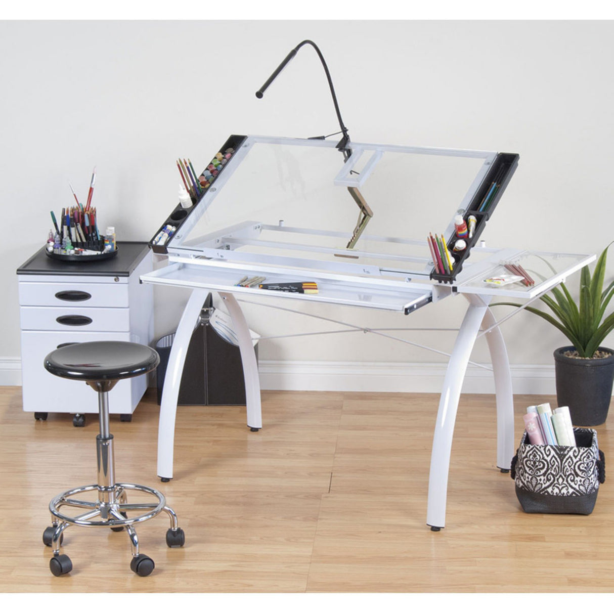 SD Studio Designs 10096 Futura Station with Folding Shelf Top Adjustable Drafting Craft Drawing Hobby Table Writing Studio Desk with Drawer, 35.5'' W x 23.75'' D, White/Clear Glass SD STUDIO DESIGNS