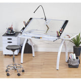 SD Studio Designs 10096 Futura Station with Folding Shelf Top Adjustable Drafting Craft Drawing Hobby Table Writing Studio Desk with Drawer, 35.5'' W x 23.75'' D, White/Clear Glass SD STUDIO DESIGNS