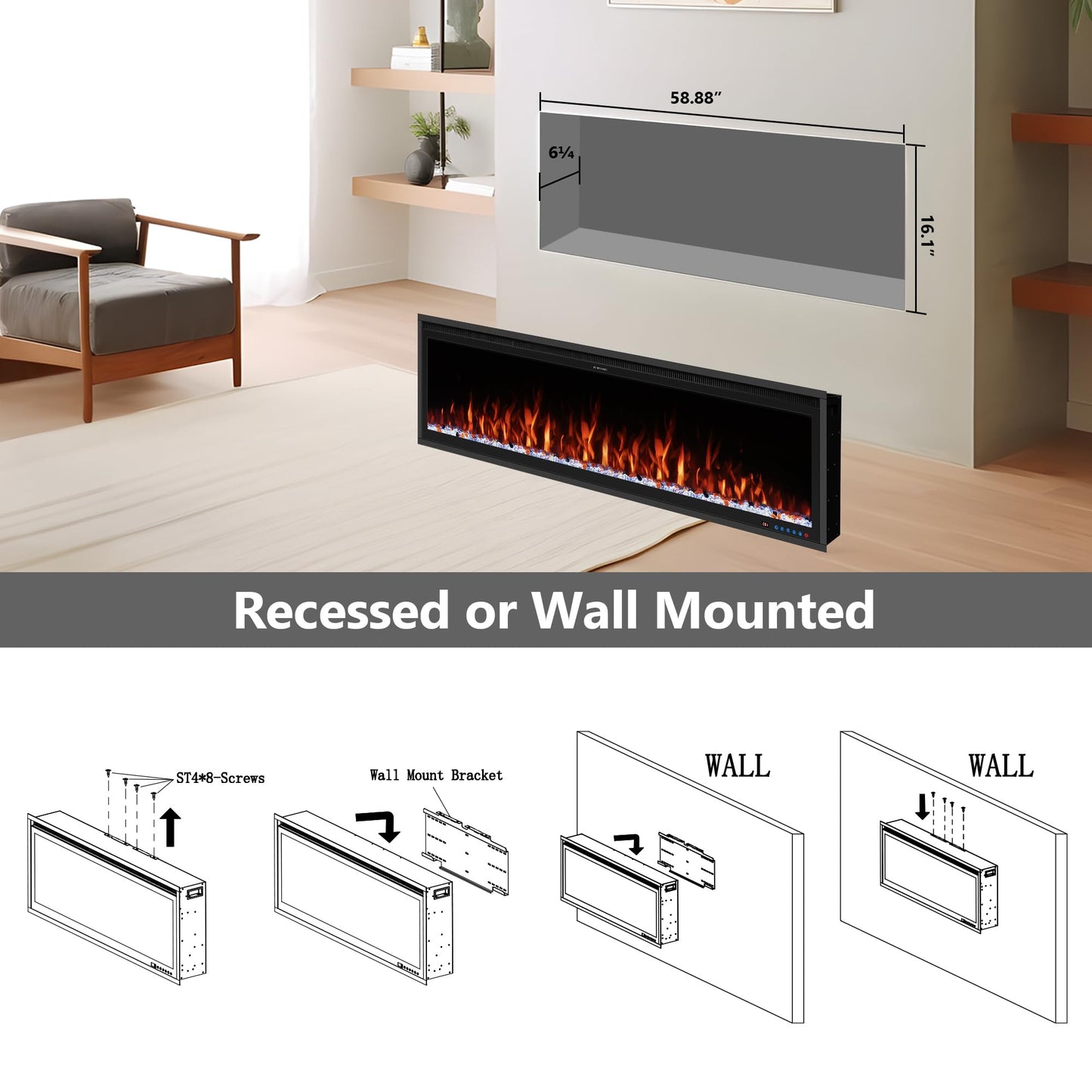 Benrocks 60'' WiFi- Enabled Electric Fireplace Inserts - Alexa & App Control, Slim Recessed & Wall Mounted, 13 * 13 * 3 Flame Color Combinations, 750W/1500W, Black