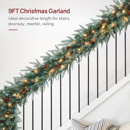 Somikis 9FT Christmas Garland, Battery Operated Pre-Lit Xmas Garland, w/LED Lights and Realistic Arctic Spruce Pine Cones, for Mantle Stair Railing Indoor Outdoor