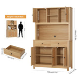 finetones 71" Tall Kitchen Pantry Cabinet, Kitchen Cabinet Hutch Cabinet with Rattan Doors and Microwave Stand, Rattan Kitchen Hutch Food Pantry Cabinet with Drawers & Shelves for Kitchen, Walnut finetones