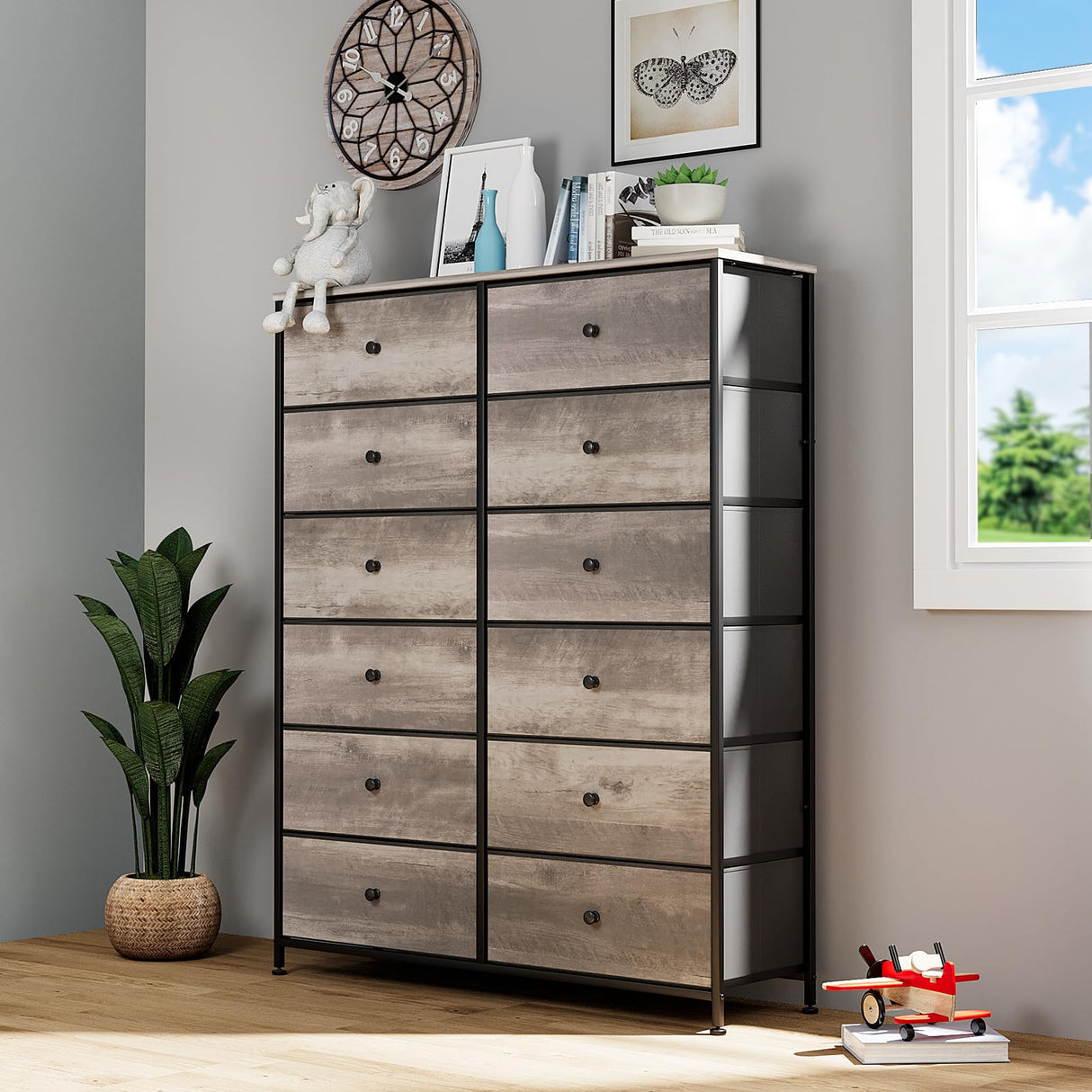 Arlopu 12-Drawer Dresser, 35.2’‘ Widened 6-Layer Fabric Storage Tower w/Textured Print Fabric Bins, Tall Chest Organizer Unit for Living Room, Hallway, Nursery, Closets, Adjustable Feetpad Arlopu