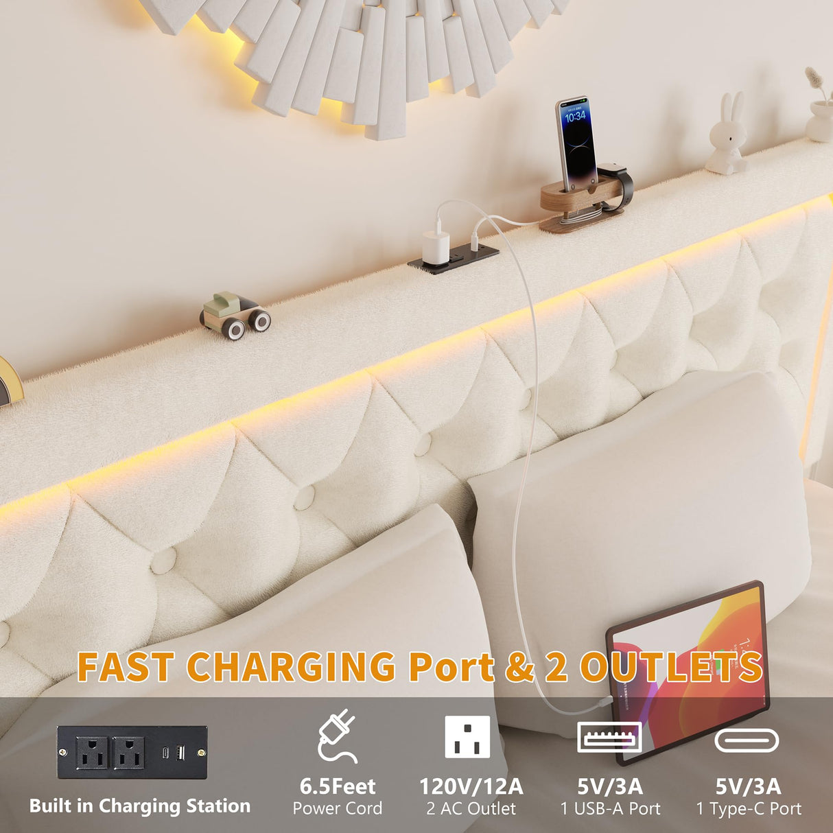 VOHOBY Queen Bed Frame with 4 Storage Drawers, Velvet Upholstered Bed Frame Queen Size with Charging Station and LED Lights, 46" Adjustable Button Tufted Headboard, No Box Spring Needed, Beige VOHOBY