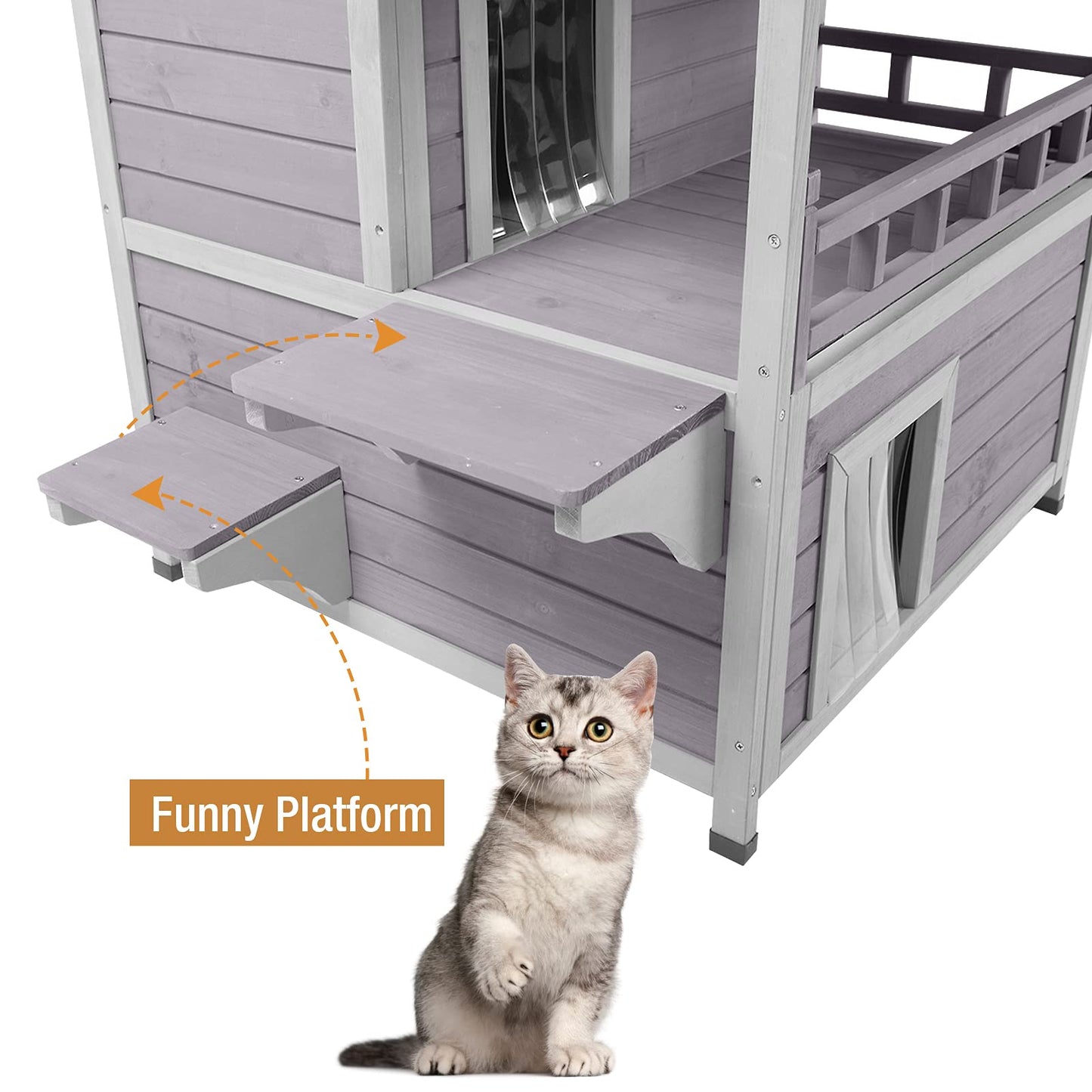 Outdoor Feral Cat House, Wood Cat Shelter with Escape Door, Rainproof Outside Kitty House with Balcony (#AIR33-M) - WoodArtSupply