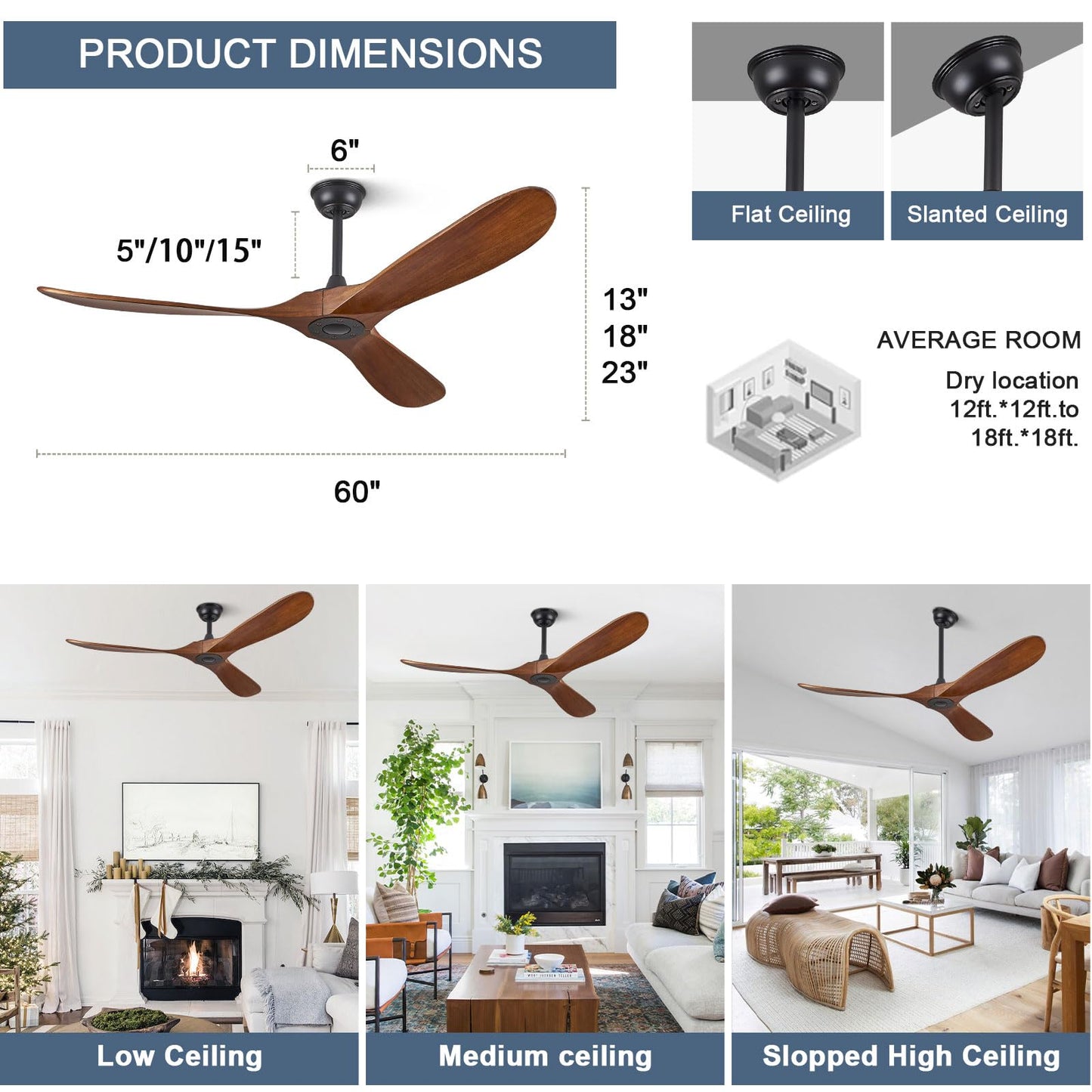 ABZ 60" Ceiling Fans Without Lights, 60 Inch Outdoor Ceiling Fans no Light, 3 Blade Solid Wood Ceiling Fan with Remote Control for Patios Living Room Bedroom Porch