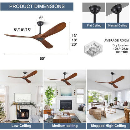 ABZ 60" Ceiling Fans Without Lights, 60 Inch Outdoor Ceiling Fans no Light, 3 Blade Solid Wood Ceiling Fan with Remote Control for Patios Living Room Bedroom Porch