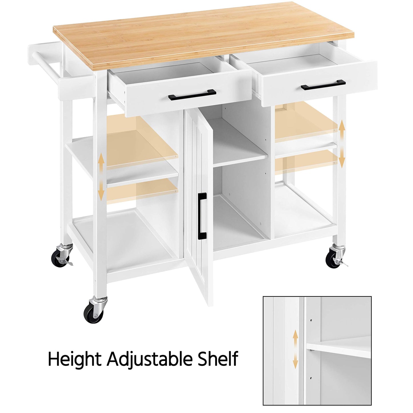 Yaheetech Kitchen Island Cart with Bamboo Countertop, Rolling Kitchen Storage Trolley with 2 Drawers and Adjustable Shelves, Compartment Cabinets and Towel Bar, 38.5x18x36 Inches, White - WoodArtSupply