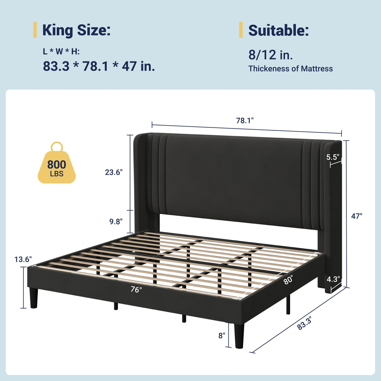 Allewie King Size Velvet Platform Bed Frame with Vertical Tufted Wingback Headboard, Easy Assembly, Under Bed Storage, No Box Spring Required, Modern Style, Black Allewie