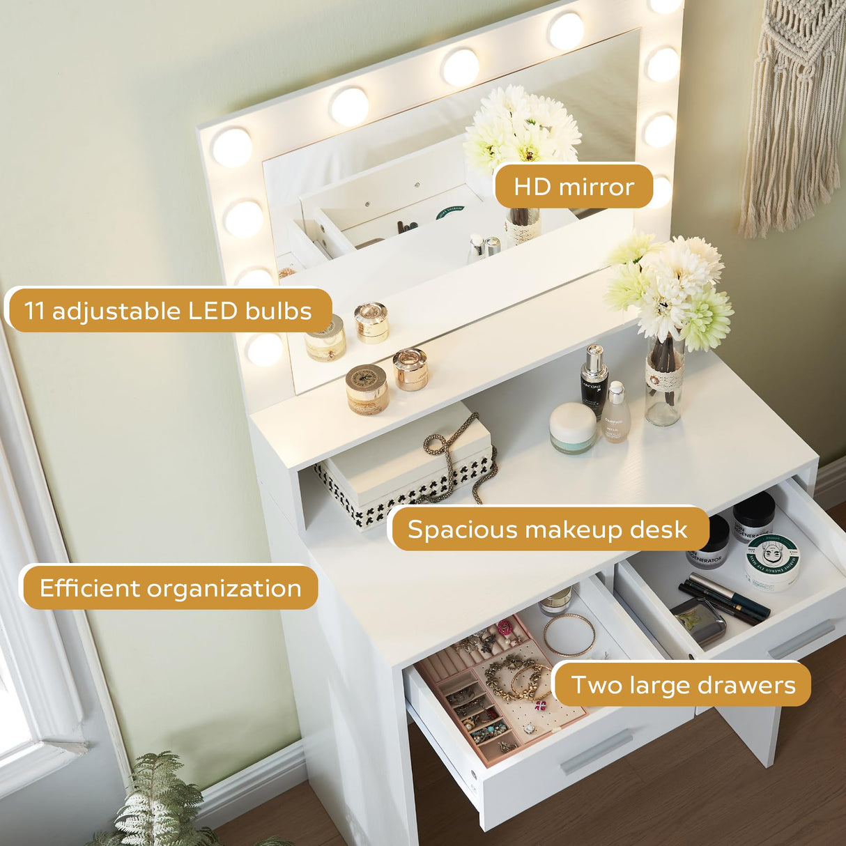MIRROTOWEL Vanity Desk with Mirror and Lights, Dressing Table with Large Drawer, 2 Level Storage Dresser & 3 Lighting Modes Adjustable Brightness, Suitable for Bedroom MIRROTOWEL