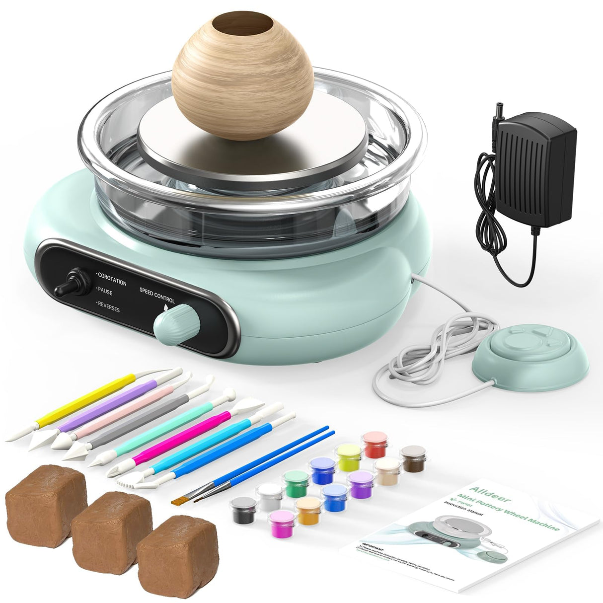 Alldeer Mini Pottery Wheel Kit - 4.7" Turntable Electric Clay Wheel with Foot Pedal, Adjustable Speed Ceramic Making Machine with 8 Pottery Shaping Tools, Craft Kits for Kids Alldeer
