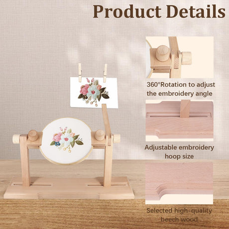 Adjustable Embroidery Hoop Stand,Embroidery Kit with 4pcs Different Size Embroidery Hoops,1 Embroidery Tool Kit,1 Pair of Thimbles,Wooden Embroidery Hoop Holder for Beginners. WodGod