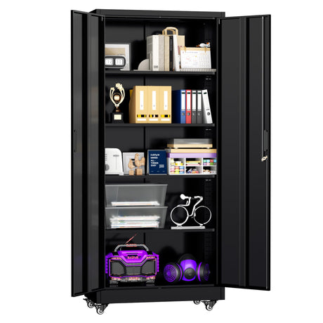 Superday Garage Storage Cabinet with Wheels，73" H Metal Storage Cabinet with Doors and Adjustable Shelves, Lockable Steel Utility Tool Cabinets for Garage, Home Office, Kitchen(Black) Superday