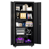 Superday 73" Metal Storage Cabinet with Wheels, Lockable Steel Utility Cabinet with 2 Doors and 4 Adjustable Shelves, Rolling Storage Cabinets for Garage, Home Office, Kitchen Pantry, Black Superday