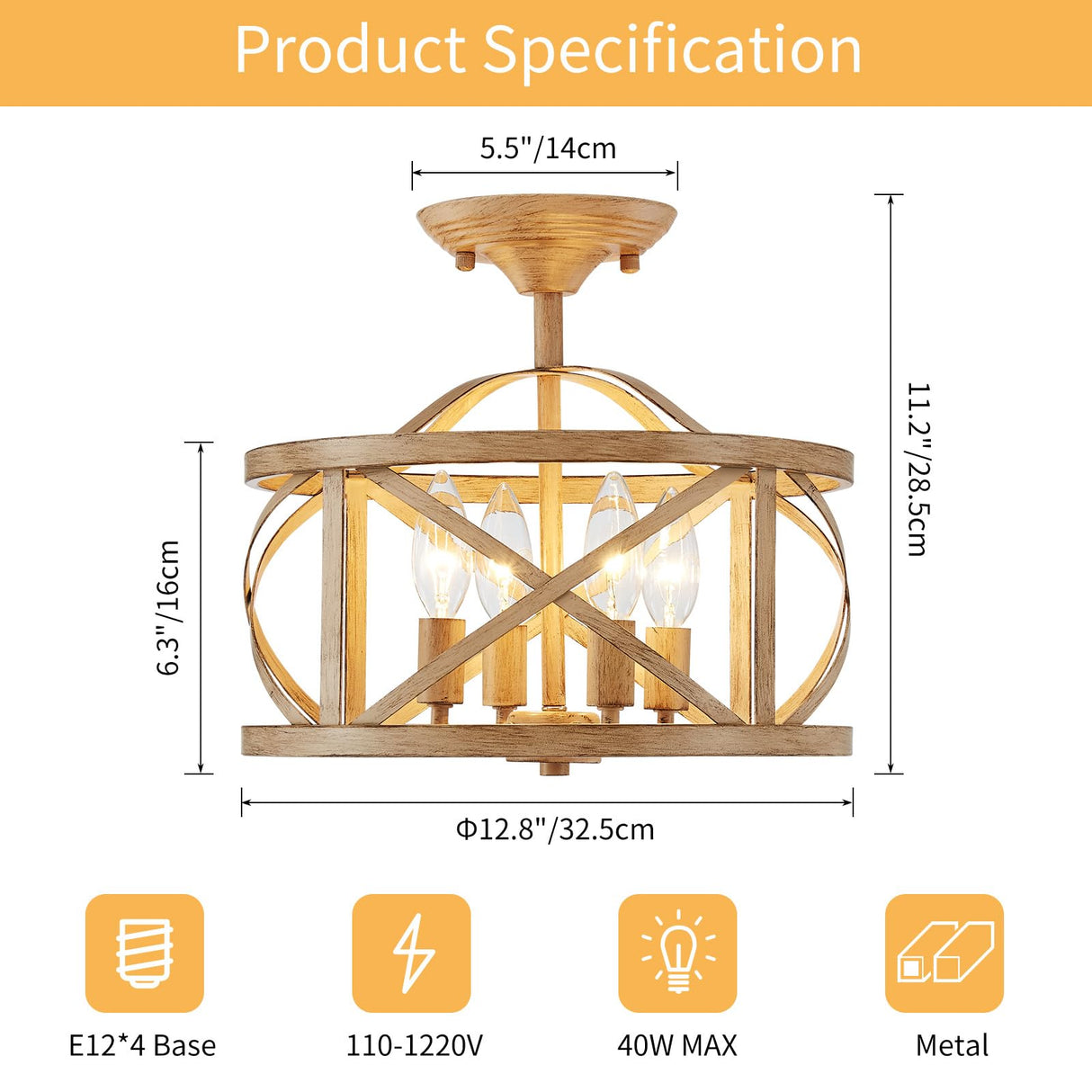 Semi Flush Mount Ceiling Light Fixture Vintage Ceiling Light Farmhouse Ceiling Light Metal Cage Ceiling Lamp for Kitchen Dining Room Hallwa Bedroom Living Room (Beige) LOOYD